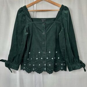 Madewell Floral Embroidered Corduroy Top XSmall Cottage Coquette Dark Green